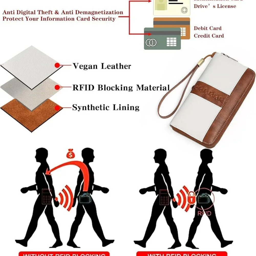 Women Wallet Vegan Leather Long Purse RFID Blocking Wristlet Organizer